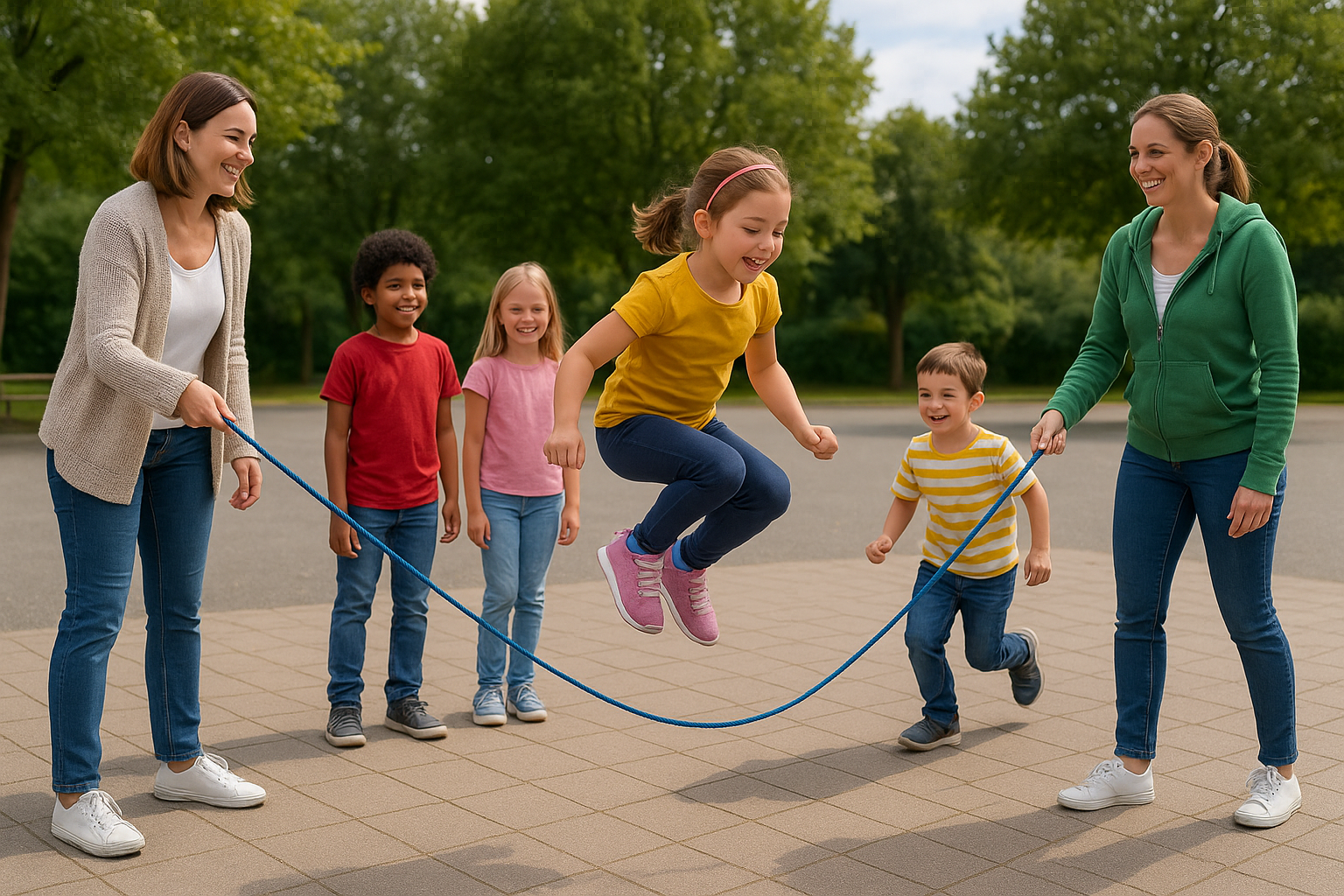 Kinder spielen, Eltern schwingen ein Hüpfseil