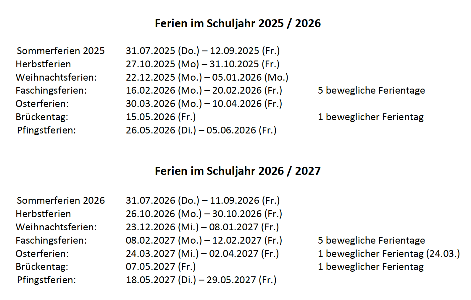 Vorschau des Ferienplans 2026/27